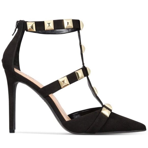 INC Womens Black Studded Strappy Syndia Pointed Toe Stiletto Zip-Up Shoes Sz 9 - Picture 2 of 9